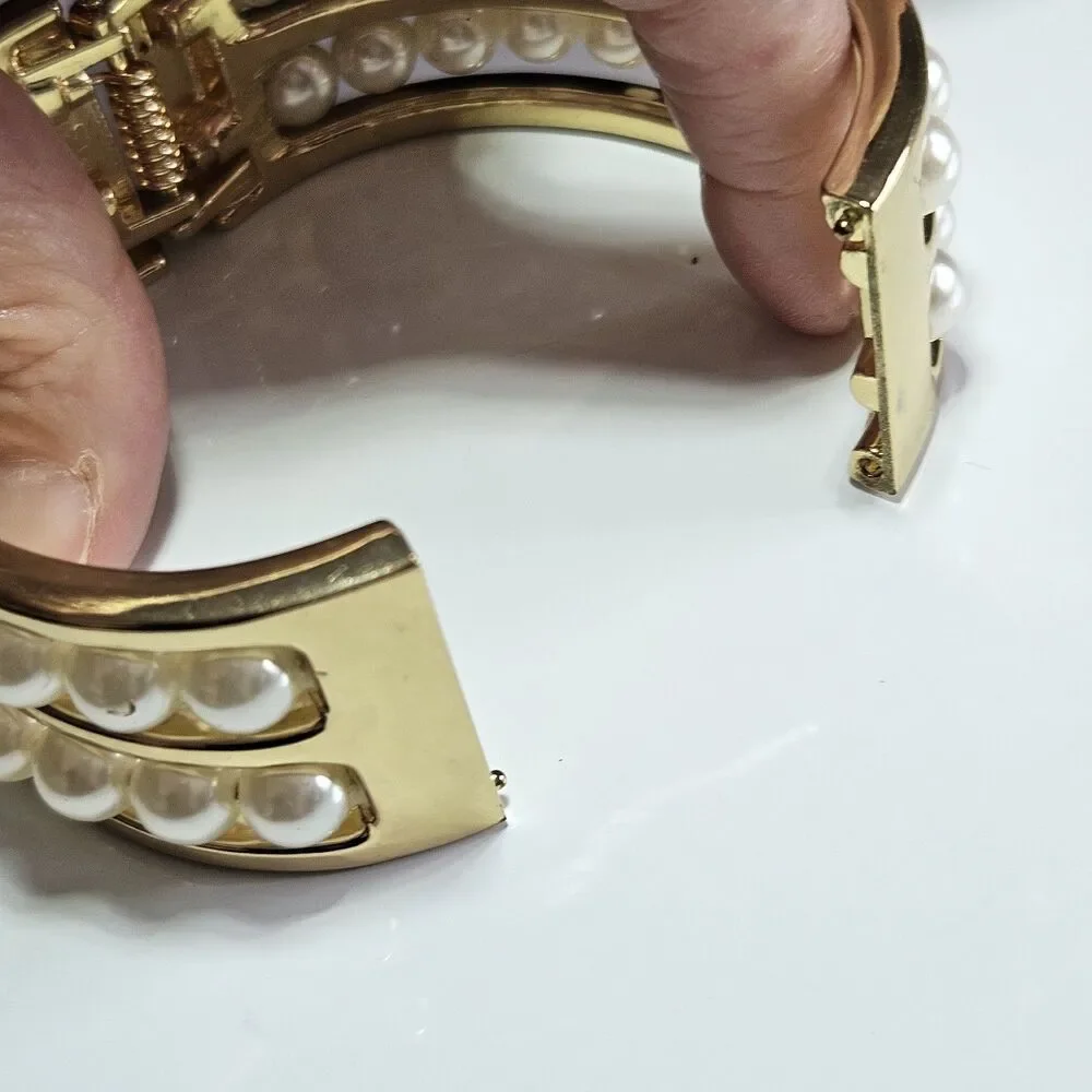 Gold Tone Cream Faux Pearl Double Layer Hinged Bangle Bracelet Approx 6.75